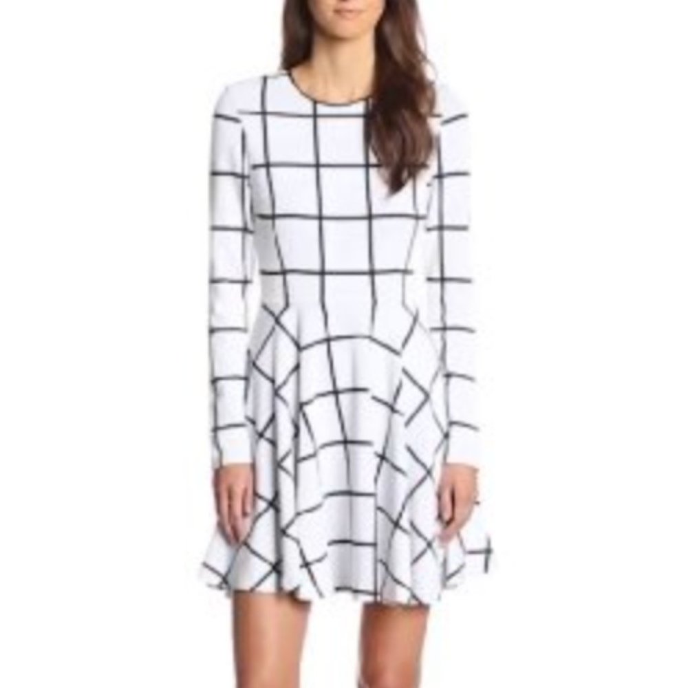 Ali Ro White & Black Window Pane Check Knit A-Line Mini Dress